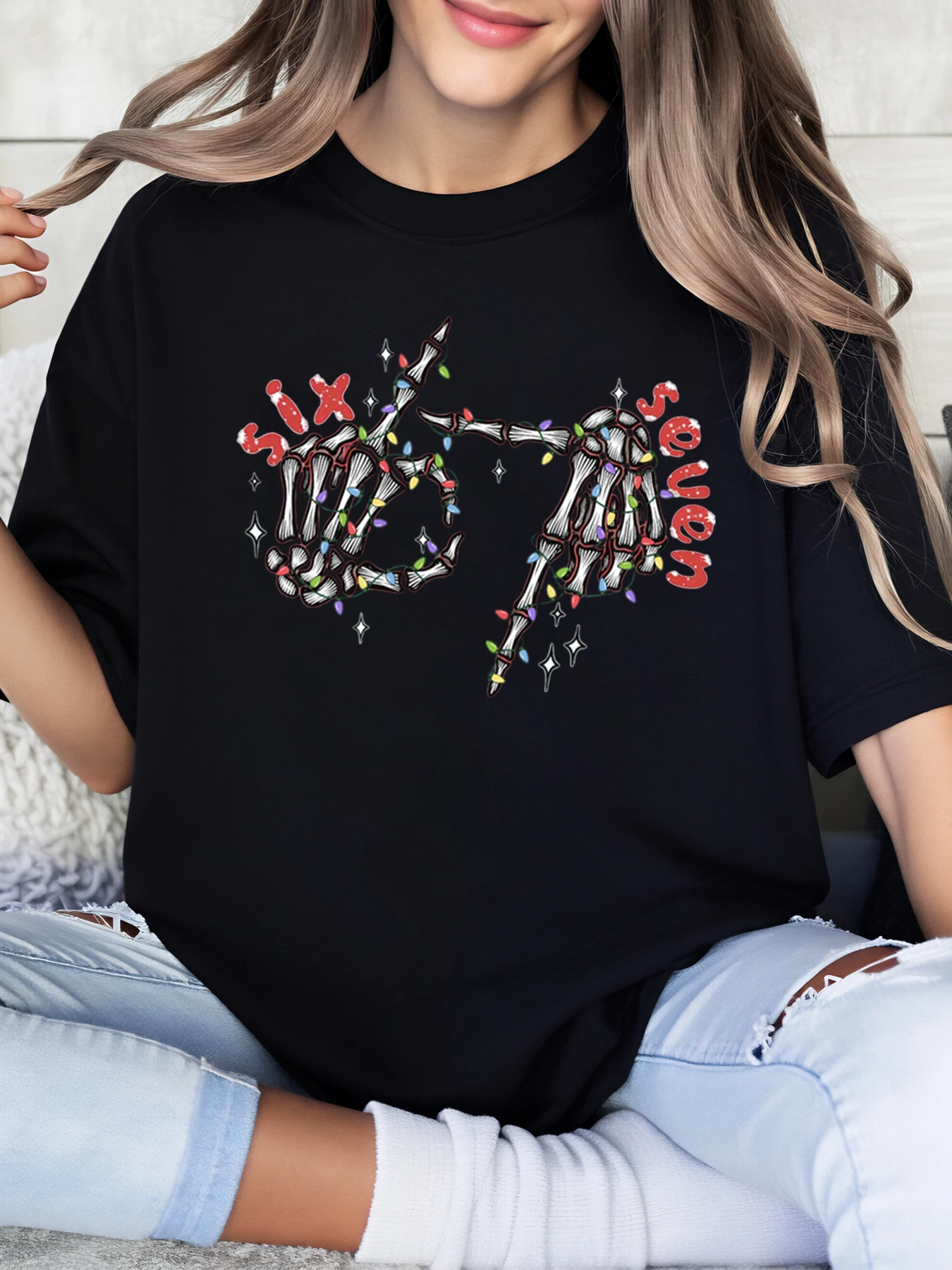 Skeletthände mit Weihnachtslichtern „I Love You“-Aufdruck, Urlaubs-T-Shirt für Damen, Freizeitkleidung, Schwarz, Übergröße