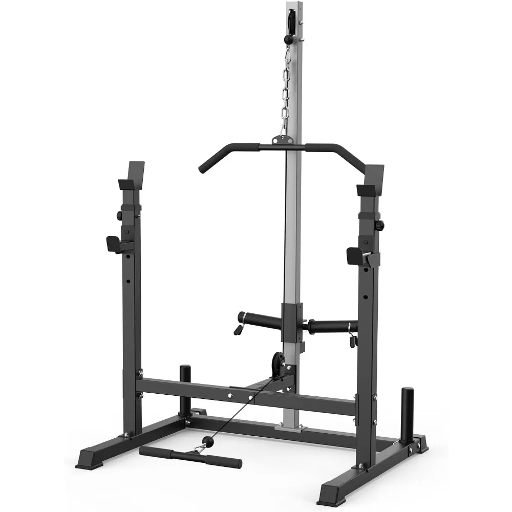 

Adjustable Multi-Functional Squat Rack with LAT Pulldown Pulley System and J-Hooks for Home Gym