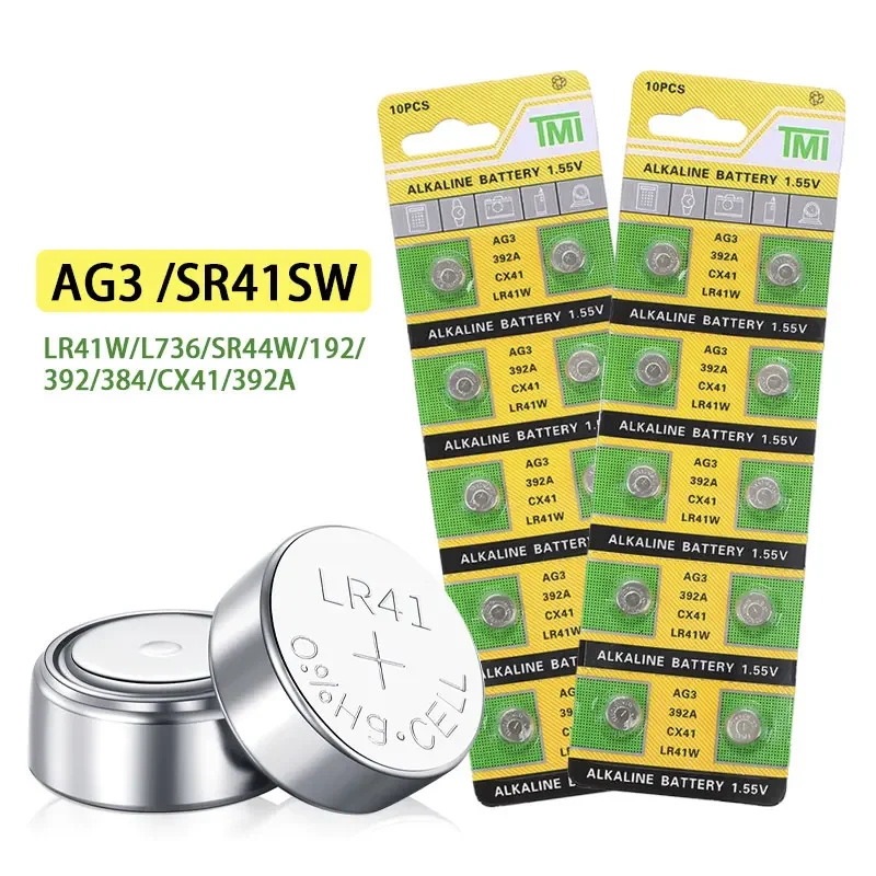 

AG3 LR41 1.55V Button Battery 384 L736 SR41 392 Alkaline Coin Cells Batteries for Remote Controls Spreadsheets Toys Calculators