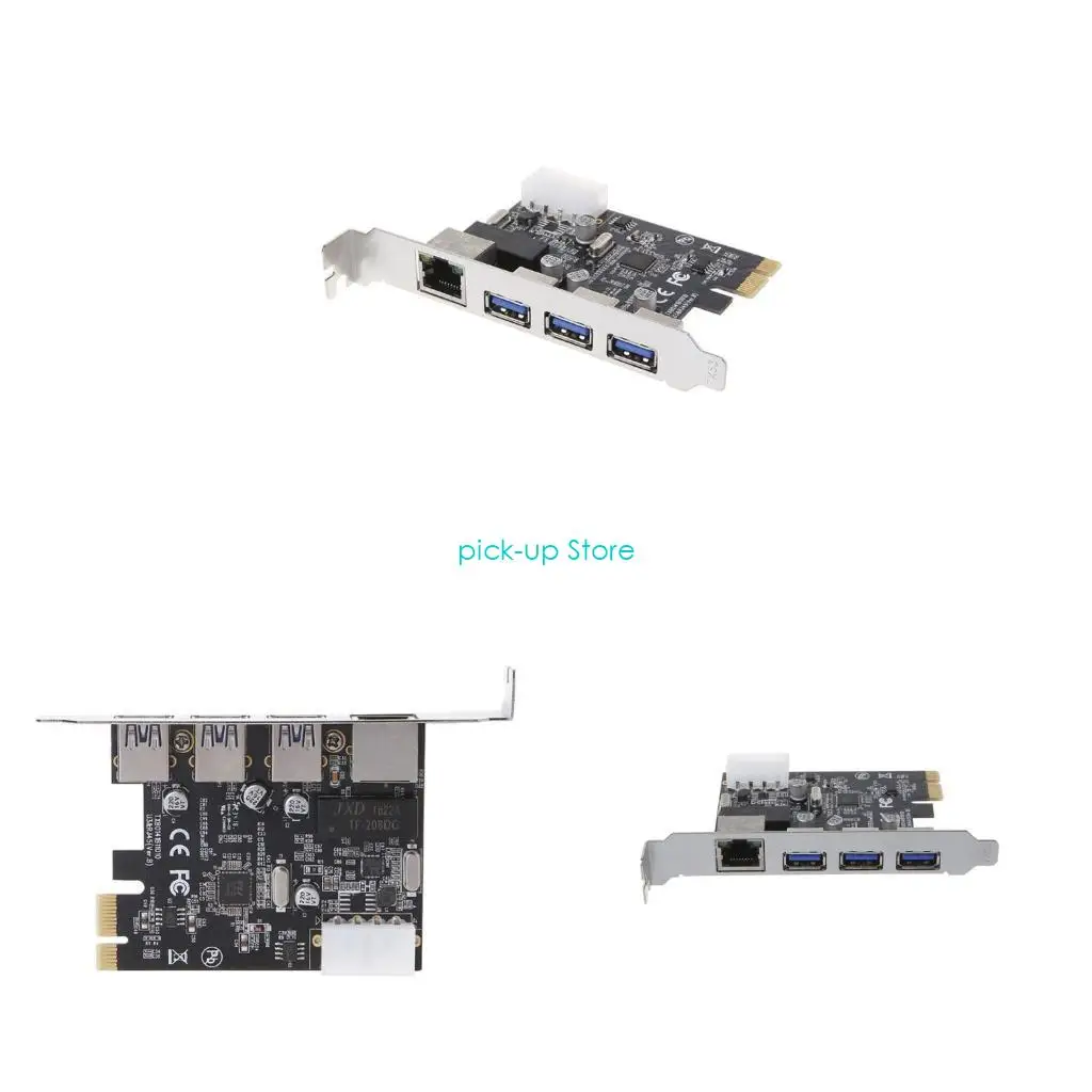 Q5WA PCI-E إلى USB 4 منافذ (4 USB3.0 +1 بطاقة توسيع RJ45 PCI E بطاقة محول USB