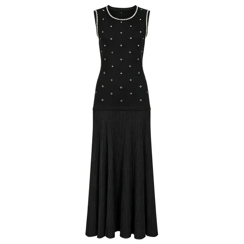 

High-Quality Knitted Summer New Style Fashionable Beaded Sleeveless Women's Dress Heavy Embellishment Knitwear High Waist Gown