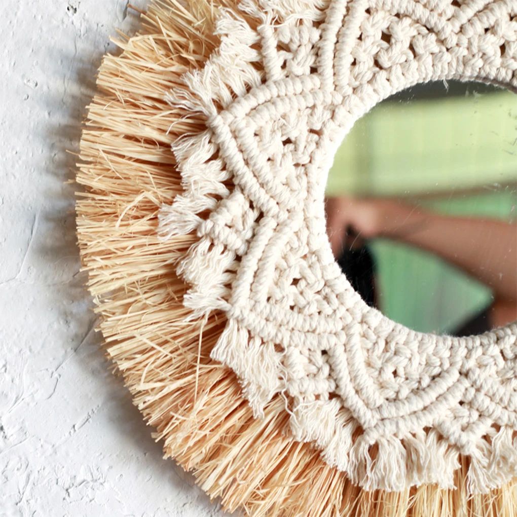 Handmade Straw Woven Mirror Nordic Chic Wall Art For Home Multi-purpose Nordic Raffia Makeup Mirror