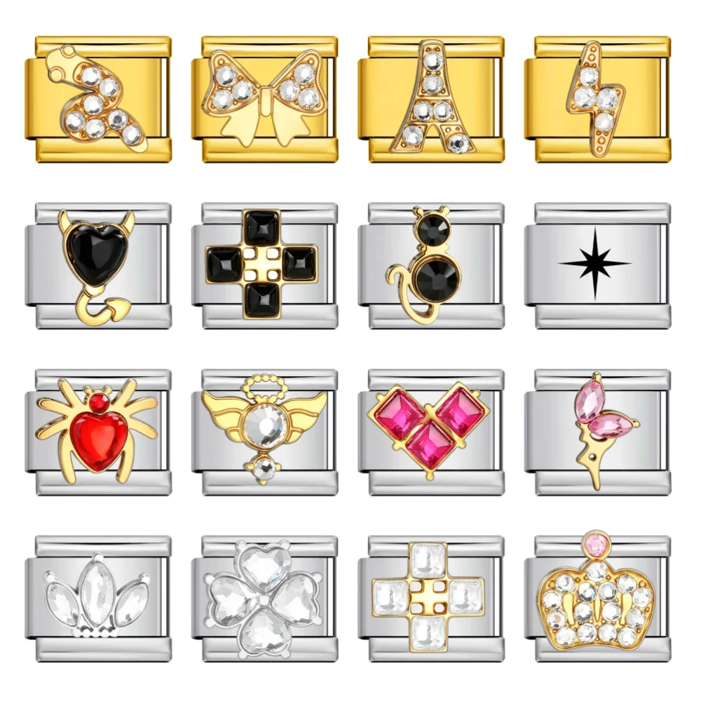 Modisches Kronen-Spinnen-Katzenschwanz-Engelsflügel-Herz Zirkonia Charm-Armband, italienische Glieder, passend für 9mm Edelstahl, Schmuckherstellung DIY – Detail 1