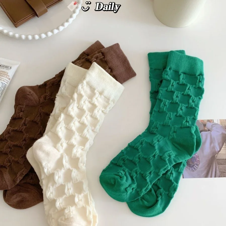 Chaussettes empilées en coton texturé à carreaux pour femmes, mi-tube, bulle, confortable, sport, printemps, été, nouveau, 4/8 paires