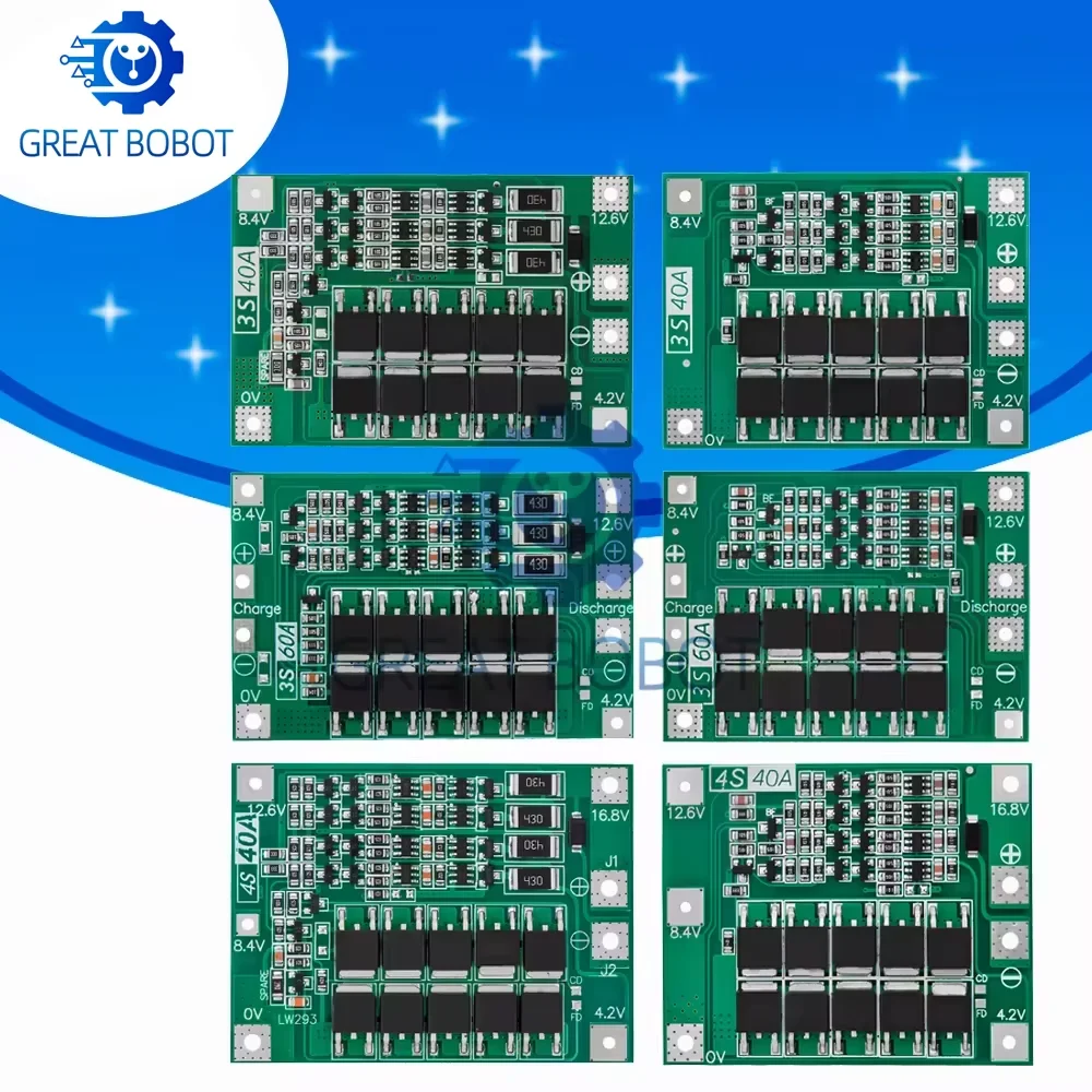 3S 4S 40A 60A Li-ion Battery BMS Protection Board with Balance – 11.1V 12.6V/14.8V 16.8V Charger for 18650 Drill Motors