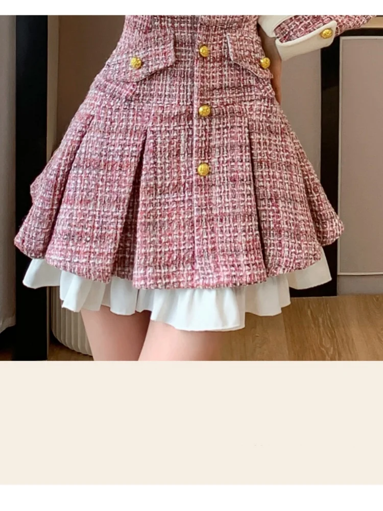 Rosa kleines duftendes Tweed-Kleid für Frauen Herbst Winter Französisch Licht Luxus Einreiher Patchwork kurze Wollkleider