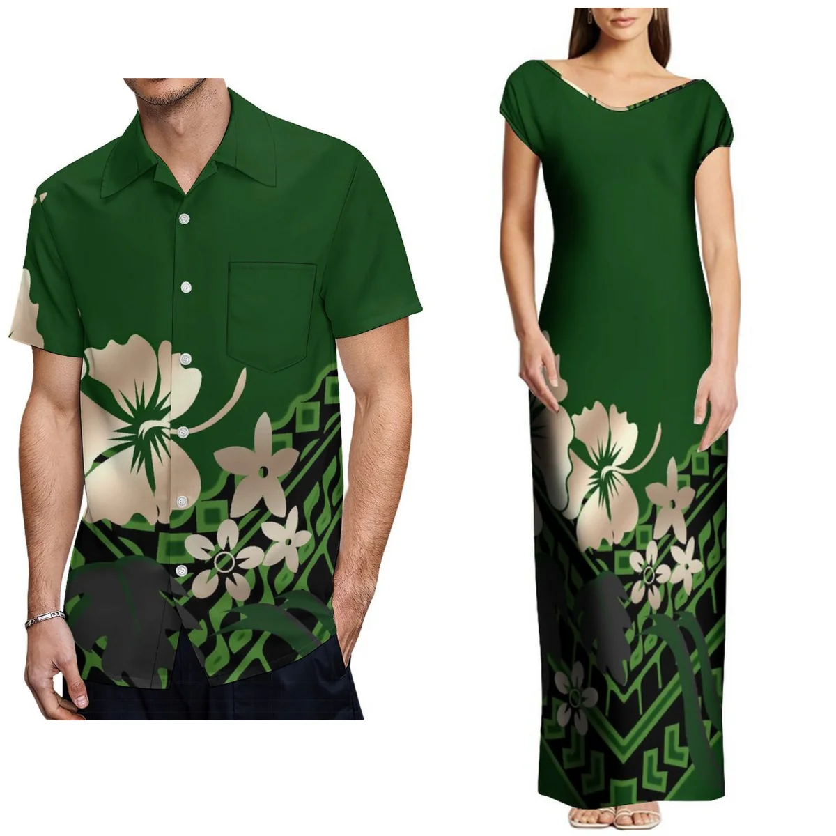 

2024 Summer Women'S V-Neck Slim-Fit Split Dress Samoa Club Women'S Fashion Men'S Casual Shirt Polynesian Tribal Couple Suit