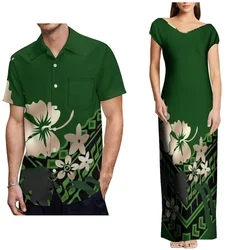 2024 Summer Women'S V-Neck Slim-Fit Split Dress Samoa Club Women'S Fashion Men'S Casual Shirt Polynesian Tribal Couple Suit