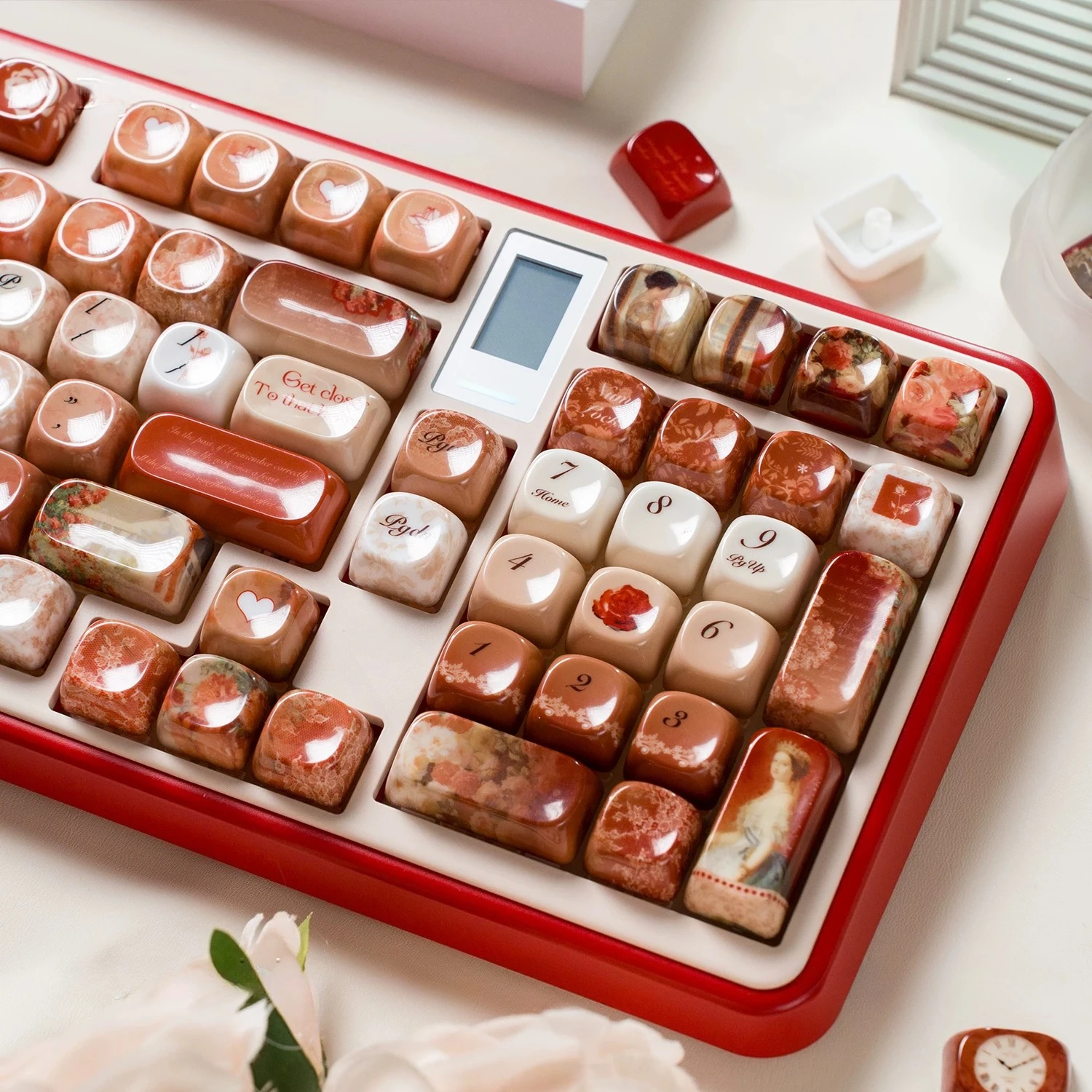 MAIMOOO Ceramic Texture Keycap MOA Profile Retro Oil Painting Rose Theme PBT Custom Smooth Glaze Keycaps for Mechanical Keyboard