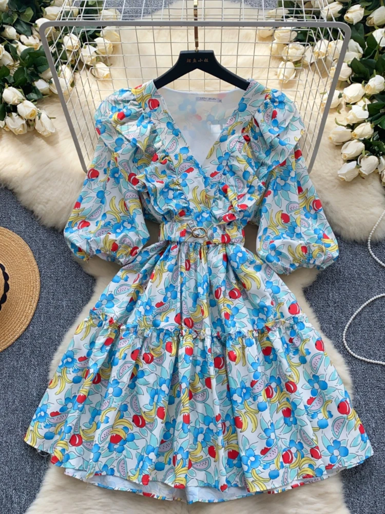 

Foamlina Summer Women Floral Print Short Dress Elegant Ruffled V Neck Half Sleeve Slim A Line Casual Female Mini Dress Vestidos