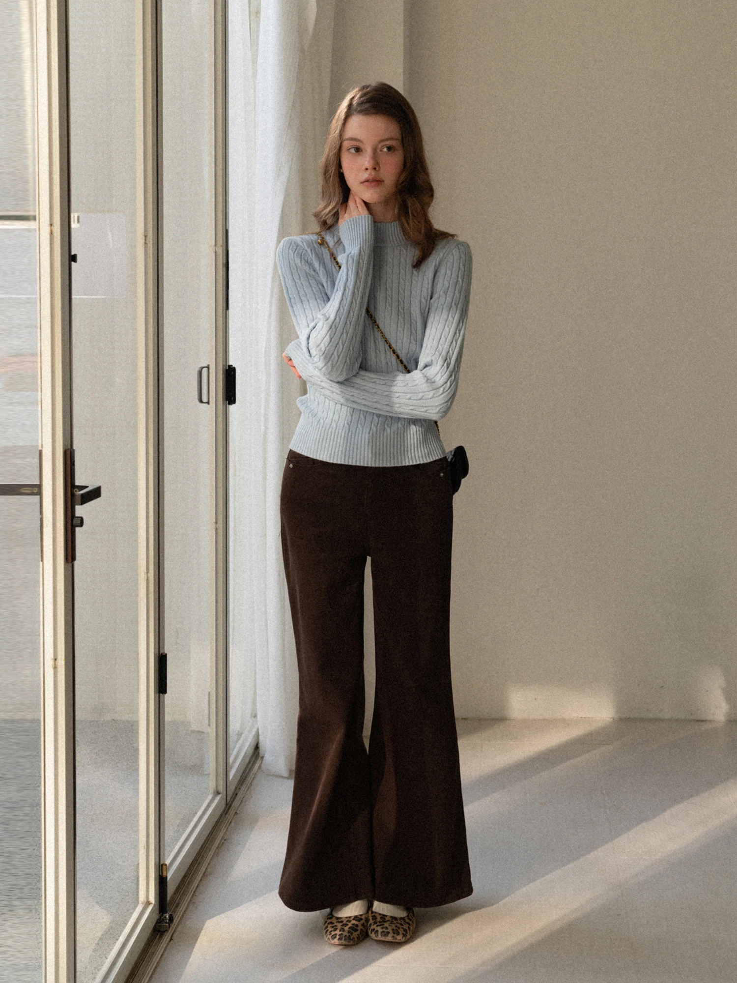 High Waist Thickened Fleece Lined Bell Bottom Jeans Coffee Color Retro Loose Casual Pants Women's Cotton  Color Jeans