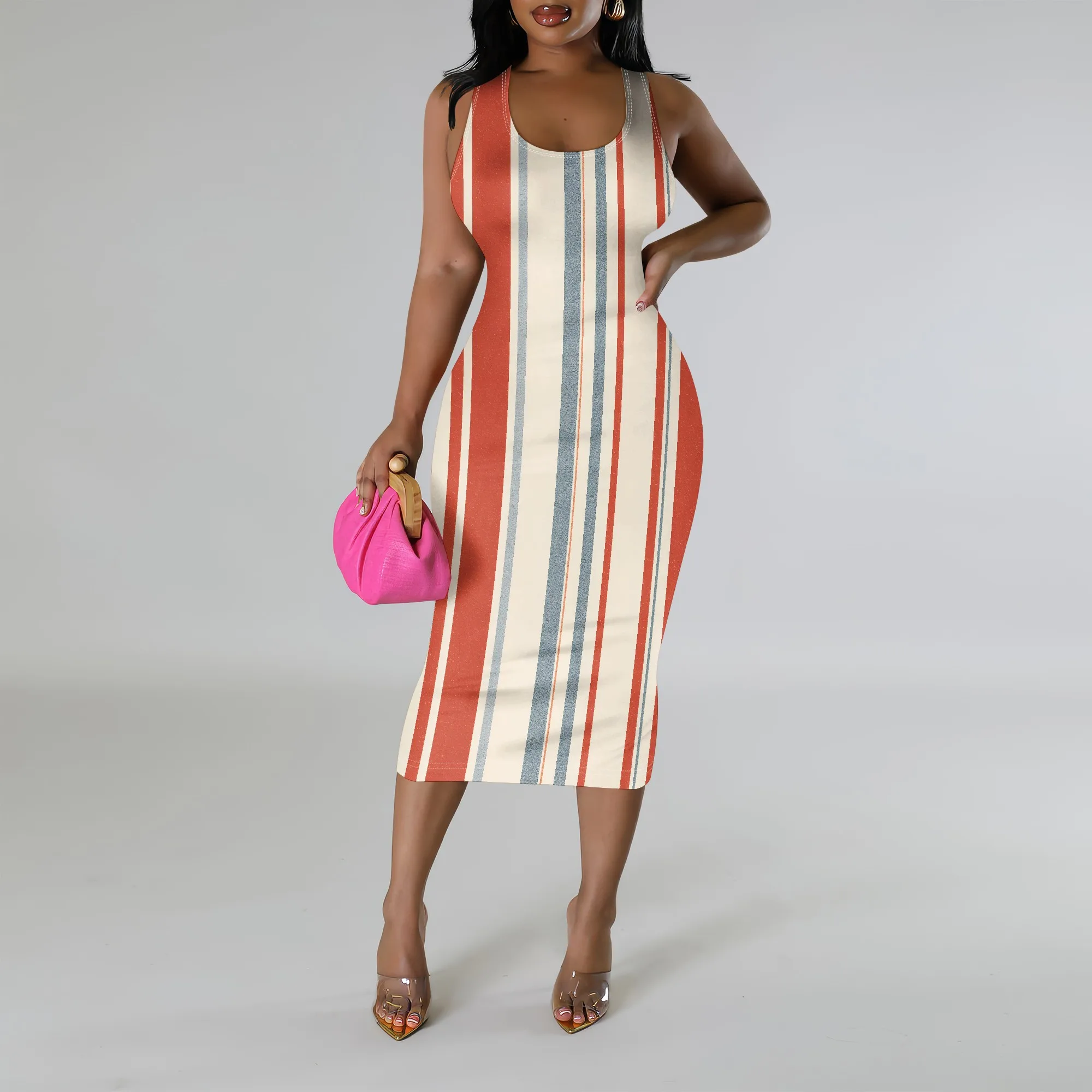Striped Print Sleeveless Dress, Bodycon Midi Dress for Women, Summer Beach Party Outfit, S-3XL