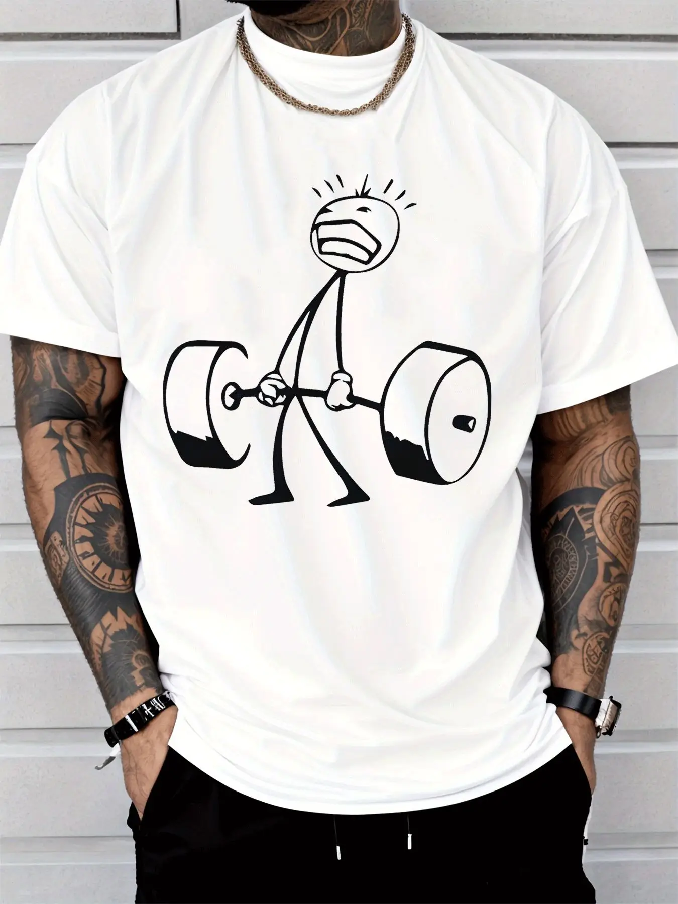 Men O Neck Short Sleeve T Shirt Funny Stick Figure Lifting Barbell Gym Workout Print Summer Soft Loose Casual Tee Tops For Guys