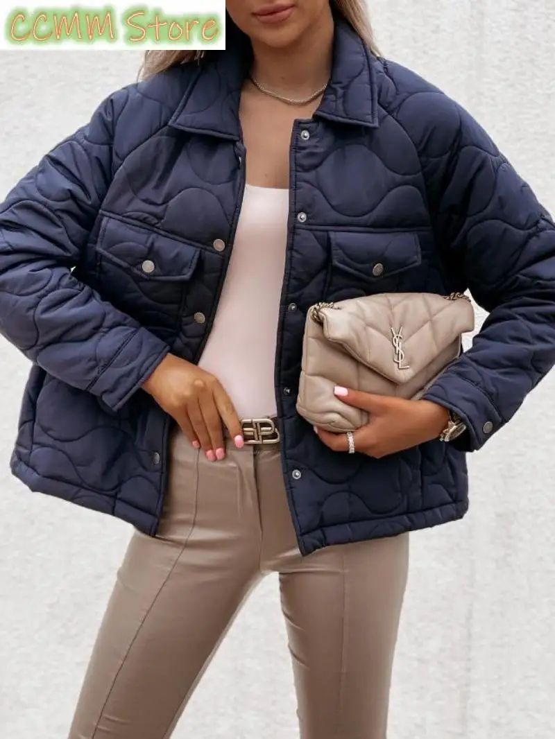 Women's Clothing Autumn and Winter New Fashion Commuter Long Sleeve Button Pocket Decorative Cotton-padded Jacket
