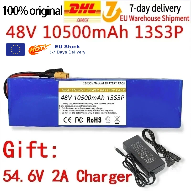 48 V Akku 10,5 Ah 13S3P XT60 DC 18650 Lithium-Ionen-Akku für E-BK mit BMS 54,6 V Ladegerät