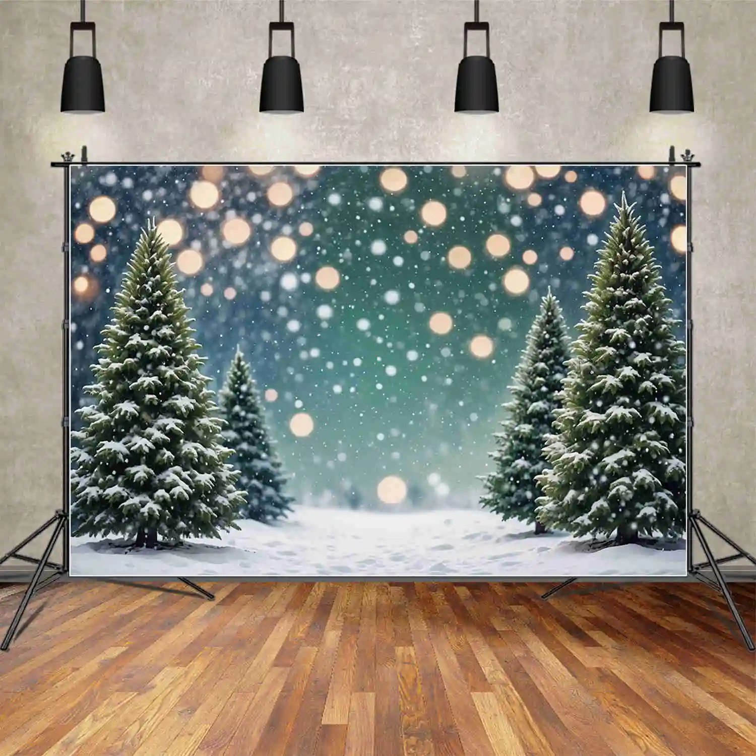 

MOON.QG Snow Winter Green Backgrounds Pine Trees Field Outdoor Christmas Children Backdrops Custom Party Decor Photography Props