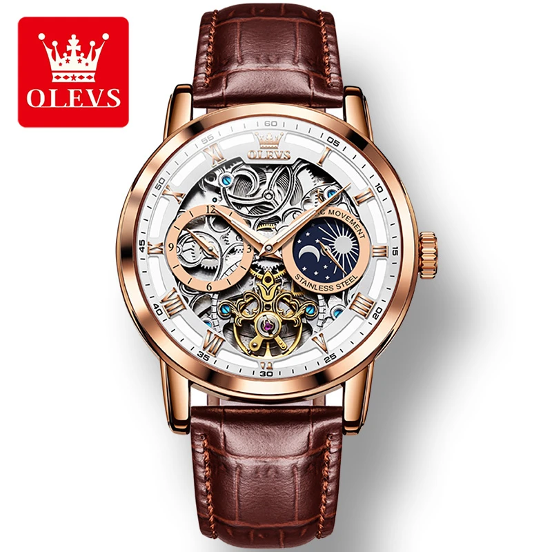 

OLEVS 6670 Mechanical Fashion Watch Gift Round-dial Genuine Leather Watchband Moon Phase Month Display