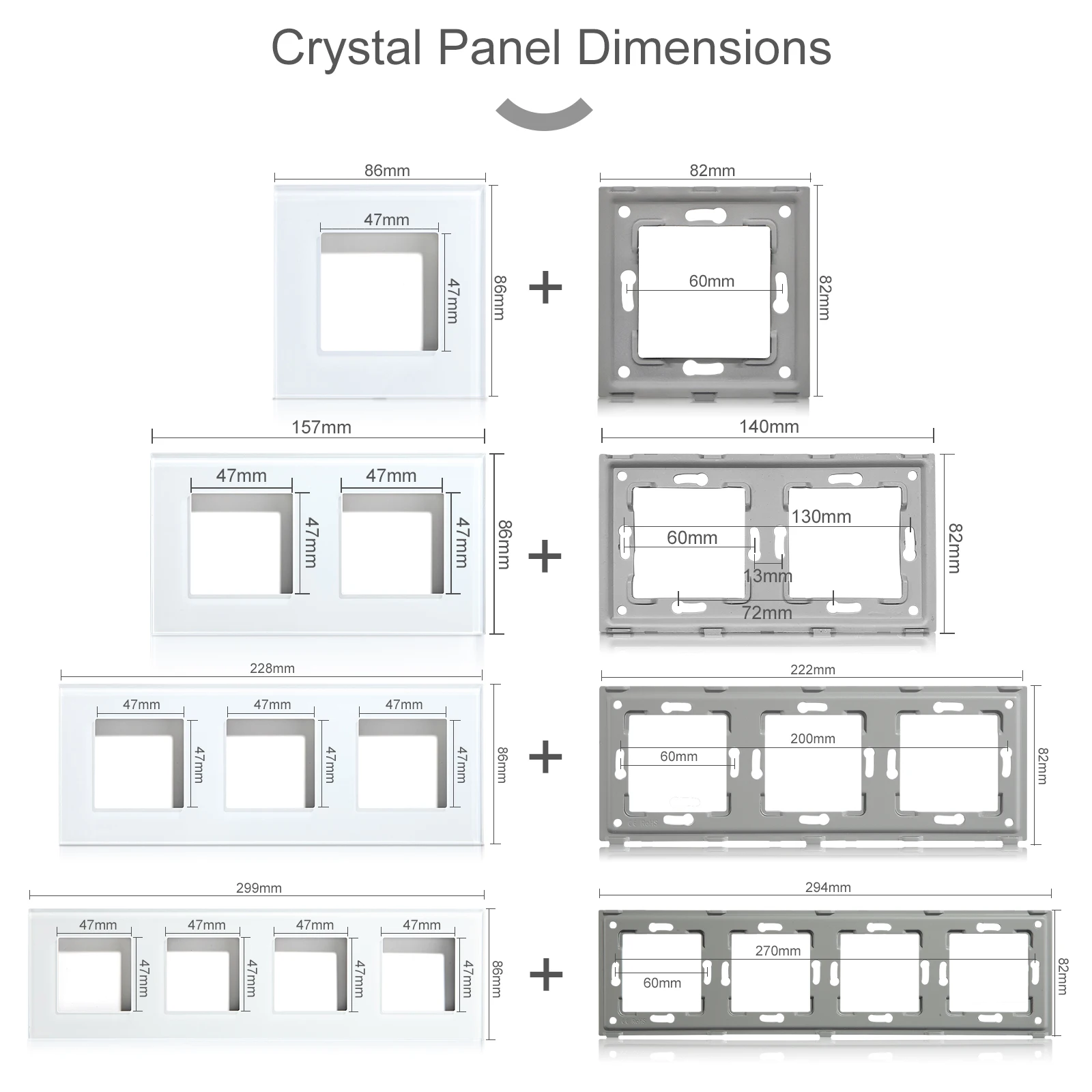 ​BSEED EU Standard Crystal Panel Wall Socket Frame Glass Switch Panel With Metal Plate 86/157/228/299mm White Black Golden