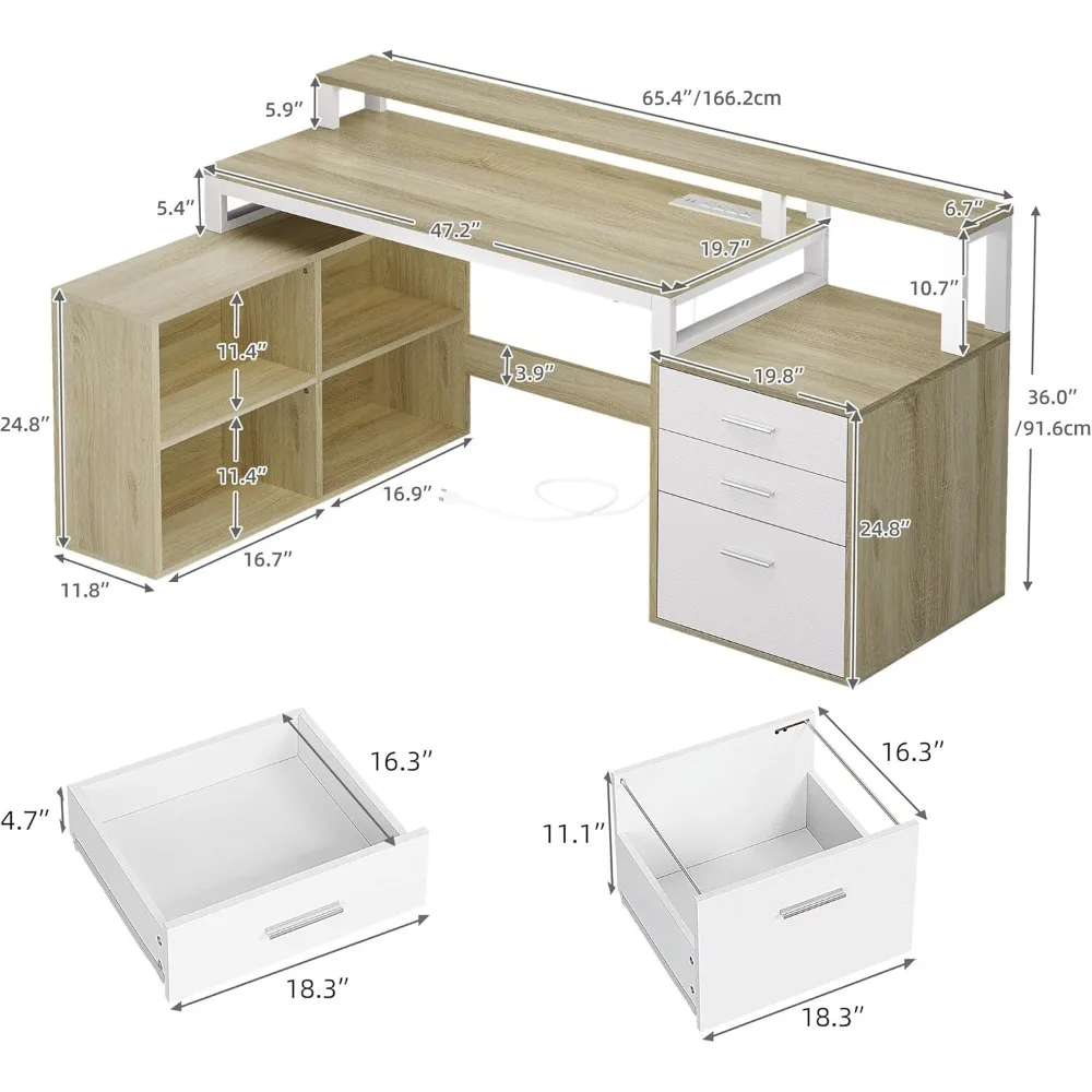 Corner L-Shaped Desk with Storage, 65 Computer Desk featuring Power Outlets and LED Lighting for Home Office