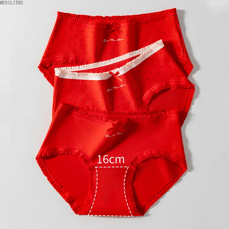 3Pcs/Set Women Cotton Panties Good Lucky Red Underwear Breathable Girls Briefs Soft Mid Waist Underpants Comfort Female Lingerie