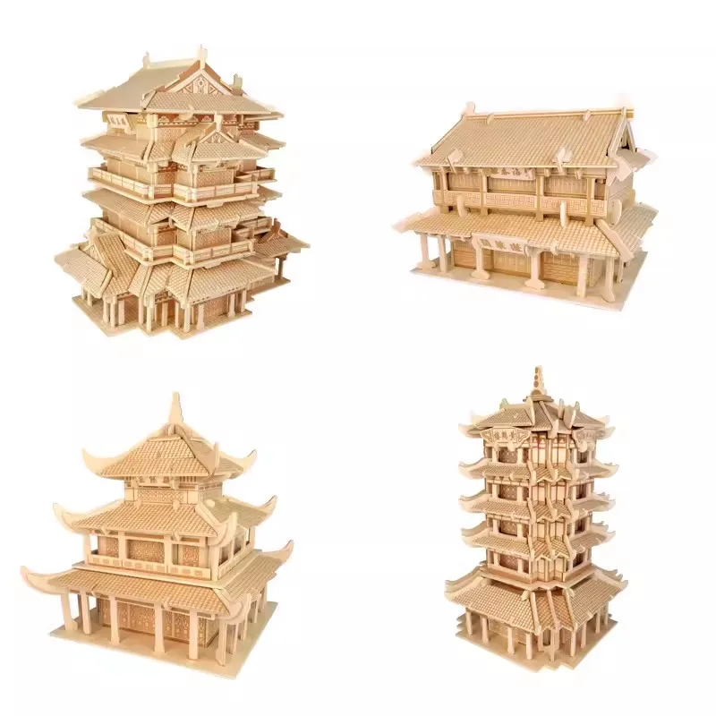 Famous Yellow Crane Tower YueYang PengLai Pavilion 3D Wooden Puzzle Building Model Toy Woodcraft Construction Kit Boy Girl Gift