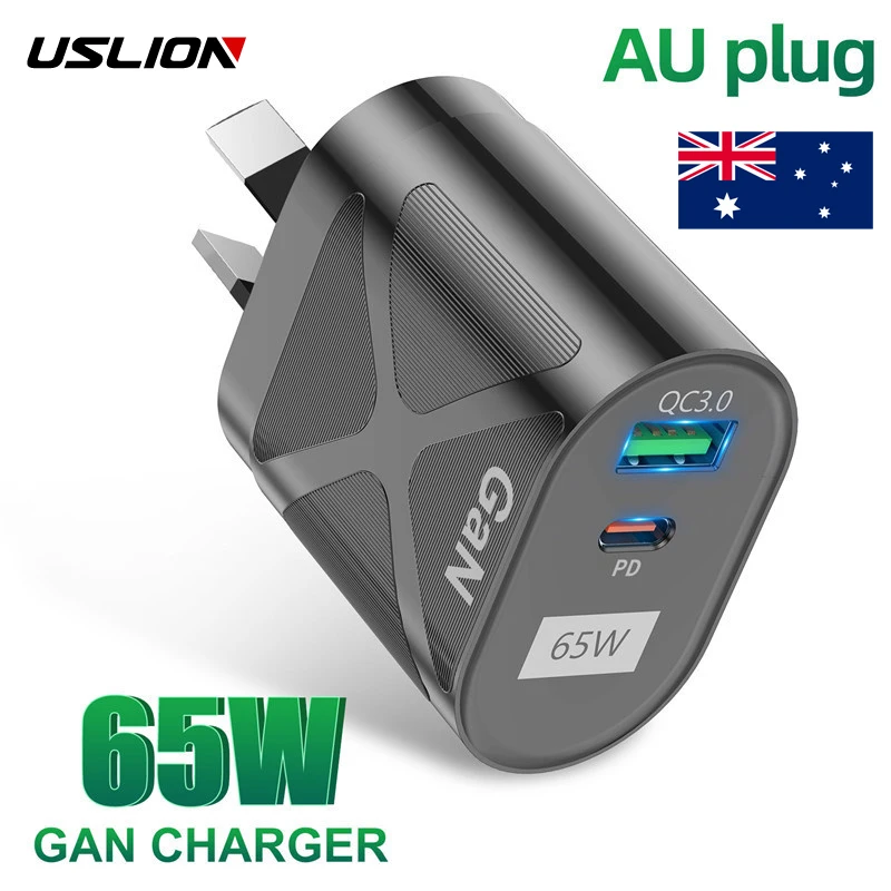 USLION 65W GAN USB PD Fast Phone Charger Adapter Australian Plug 3.0 Quick Charger Phone Charger For iPhone 14 12 Pro For Travel