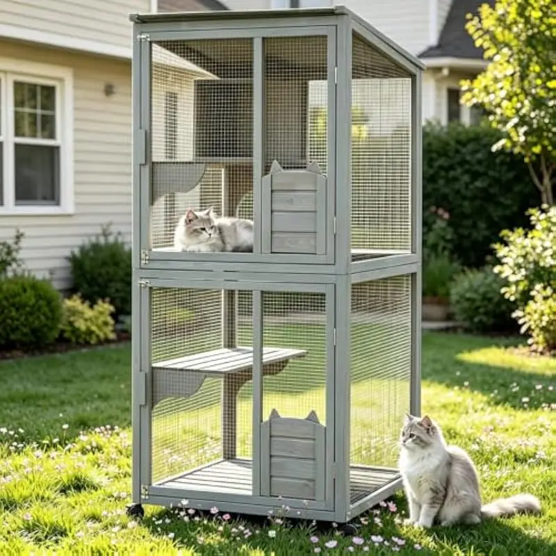 4-Tier 69-Inch Tall Wooden Cat Enclosure with Waterproof Roof, Sliding Front Door, Lockable Casters, Multi-Level Perch Platforms