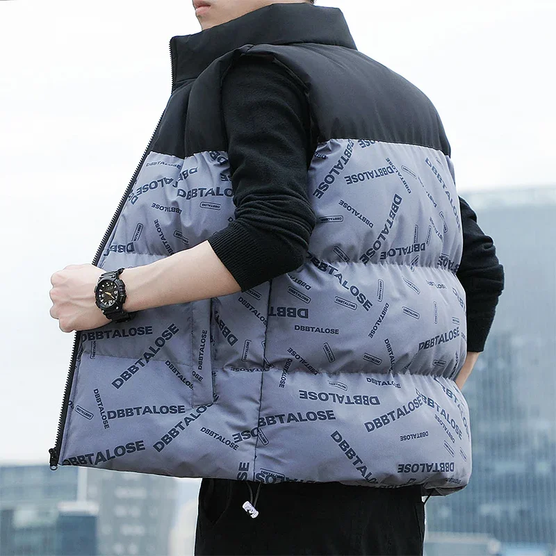 New Autumn Winter Down Vest for Mens Letter Print Color Blocking Stand Collar Parkas Man Casual Shopping Coat
