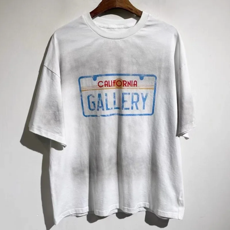 California License Plate Logo Letter Print High Street Short Sleeve T-Shirt Men's Loose Fit Youth Trend Summer Casual round Neck