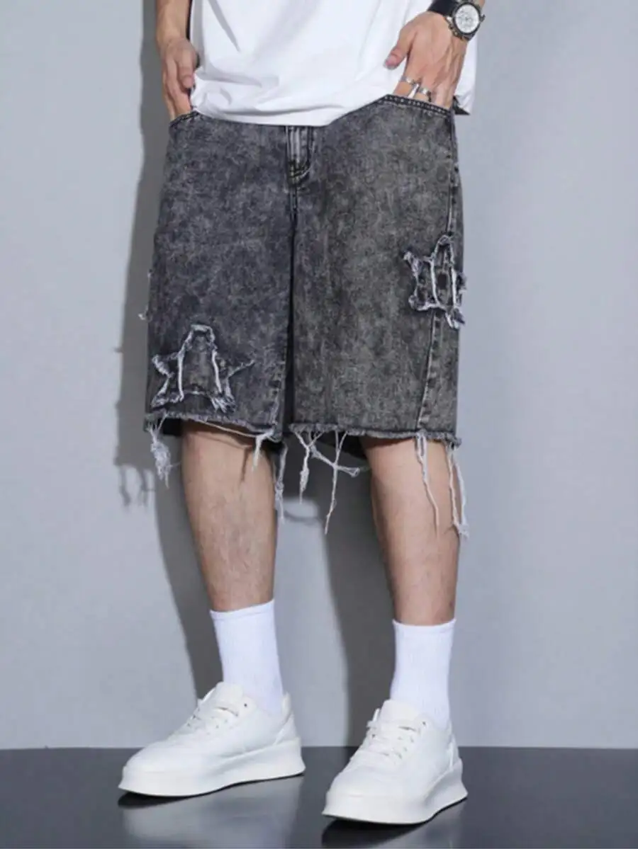 

Mens Casual Distressed Denim Shorts With Pentagram Print