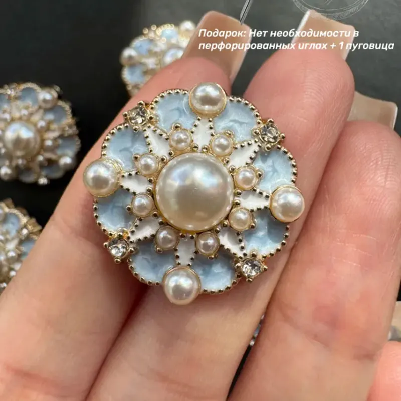 6 Stück 18/23 mm luxuriöse High-End-Perlen- und Strass-Inlay-blaue Metallknöpfe für Kleidung, Mantel, DIY, Handnähen, Knöpfe, Zubehör – Detail 4