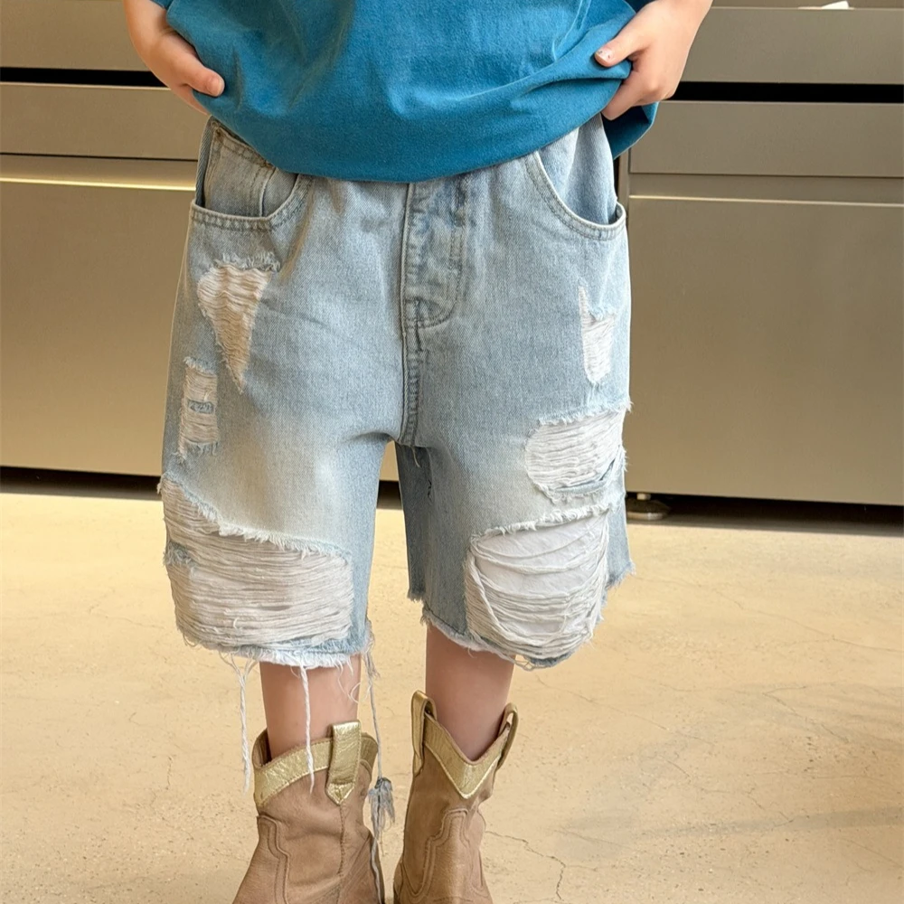 Pants 2026 Spring and Summer New Children's Clothing Korean Style Boys and Girls Design Sense Heavy Industry Five Points Jeans