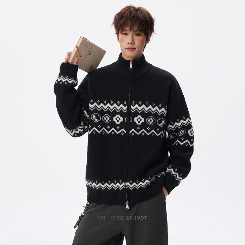 LUZHEN 2026 Winter Fashion Geometric Pattern Stand Neck Knitted Cardigan Men's Korean Handsome High Quality Male Sweater JY9401