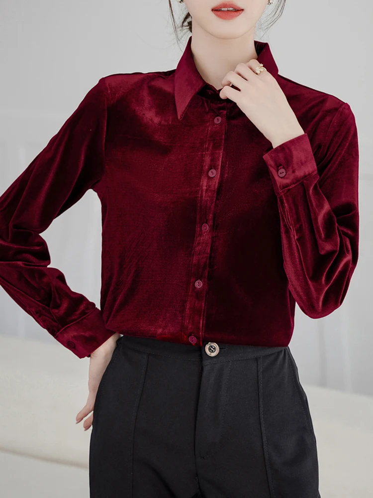 Vintage Wine Red Long Sleeve Blouse Autumn Winter Velvet Chic Versatile Women\'s Clothing Sales Gentle Style Tops Office Lady New