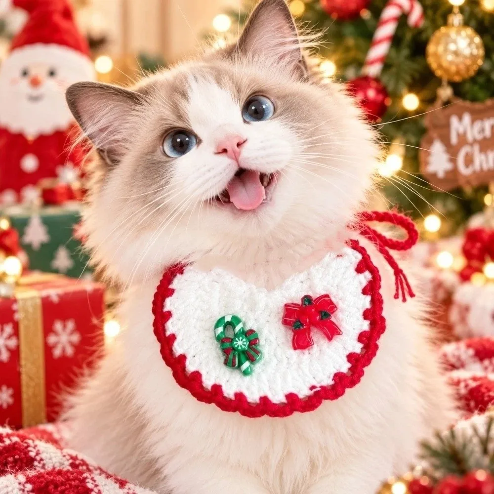 Wavy Edge Christmas Cat Bib Crochet Pattern Skin Friendly Dog Drool Towel Tie Closure Double Stranded .Knit Kitten Bandana