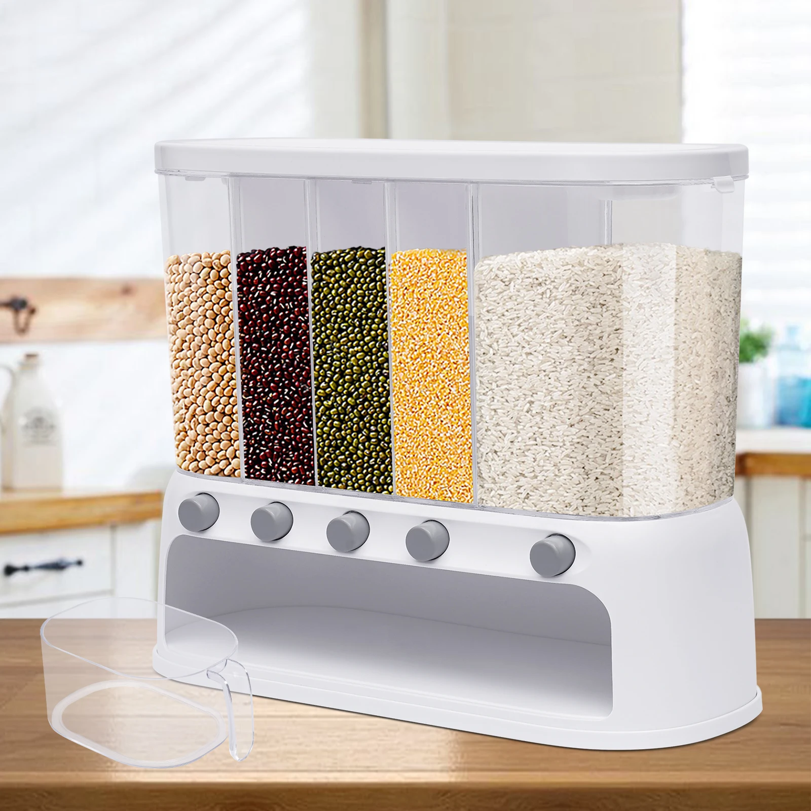 Rice Dispenser 5 Compartments Food Dispenser Kitchen Organizer Food Container Dry Food Dispenser with Lid Large Capacity