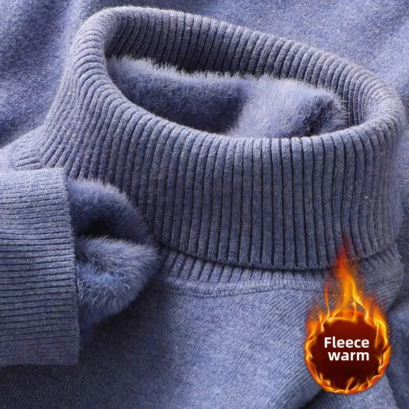 سترة تريكو مبطنة بالصوف بياقة عالية للرجال ملابس داخلية سميكة ودافئة بلون سادة وقصة ضيقة للخريف والشتاء مخمل متكامل