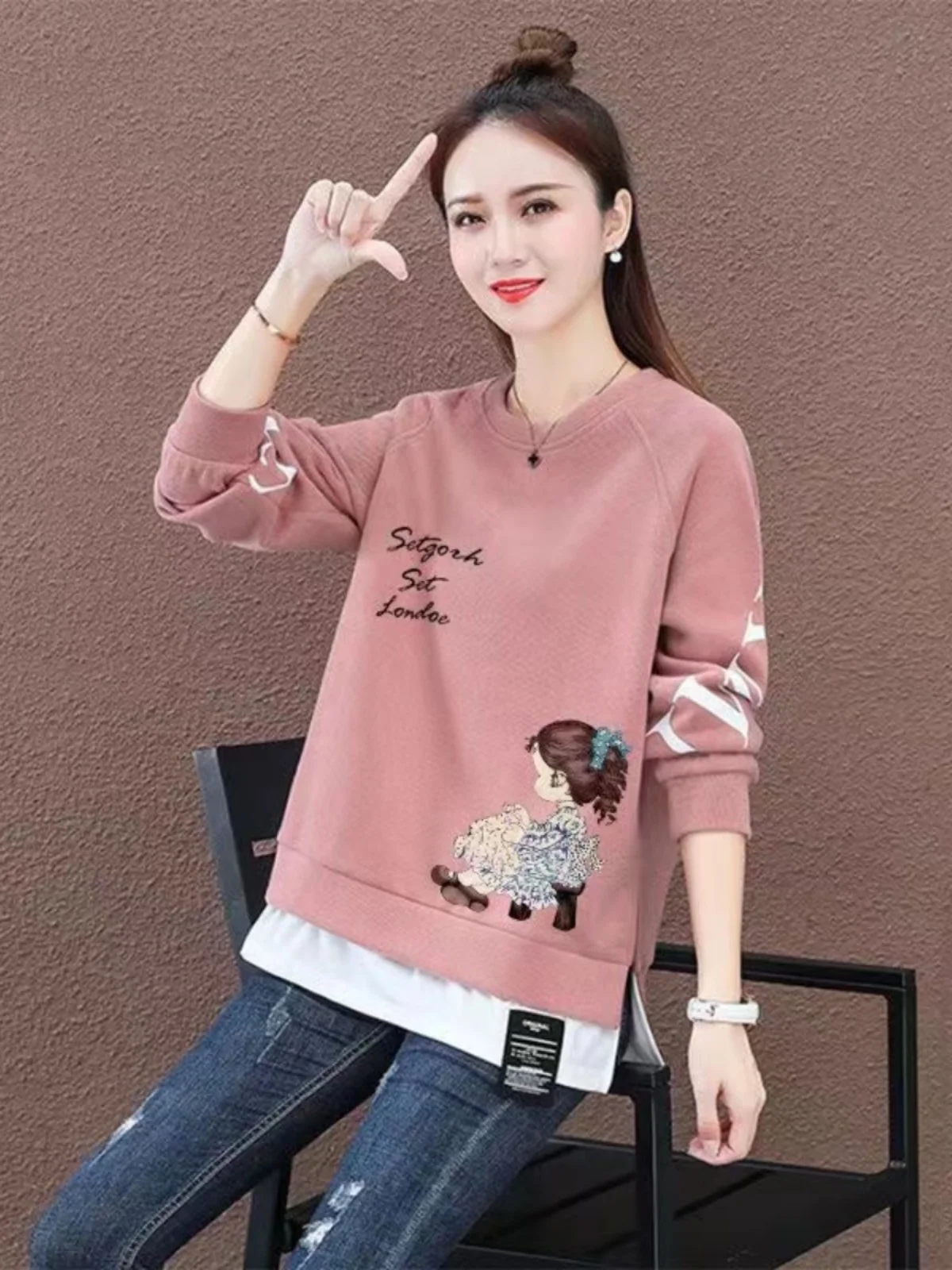 

Loose Fit round Neck Long Sleeve Sweatshirt Casual Thin Spring Autumn New Style Printed Comfortable Fashionable Women's Top