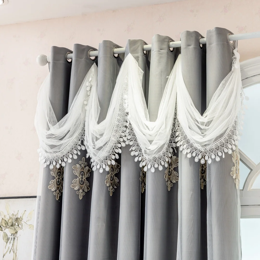1PC 3D Embroidered Floral European Double Layer Luxury Lace Curtain, New Wave Header, 3D Embroidery, Bedroom and Living Room, Ey