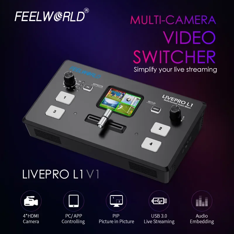 FEELWORLD LIVEPRO L1 V1 Live Streaming Video Switcher 4xHDMI Input Hdmi USB3.0 Studio Record Preview Camera