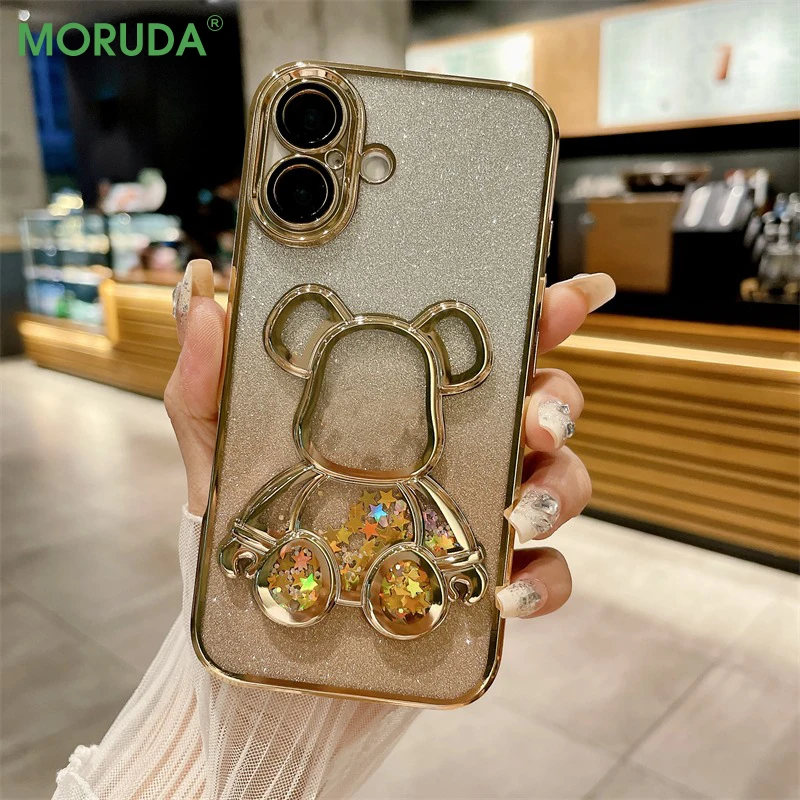 16 ProMax Quicksand Gradient Bear Case for iPhone 14 15 Pro Max 16 Plus 13 12 11 Shiny Glitter Plating Soft Flowing Sand Cover