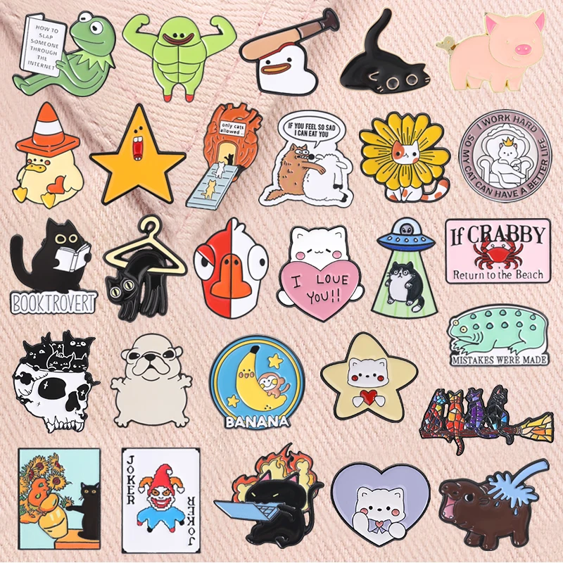 

Cute Kermit Frog Enamel Pins Super Star Traffic Cone Duck Witchy Cats Funny Animal Brooches Lapel Badge Jewelry Gifts for Friend