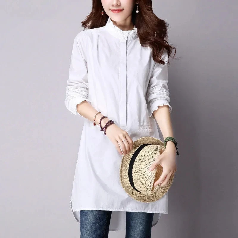 Stand Collar Shirts Dress Women\'s Cotton Spring Long Sleeved Blouse New Female Korean Fungus Edge Mid-length Pullover Top