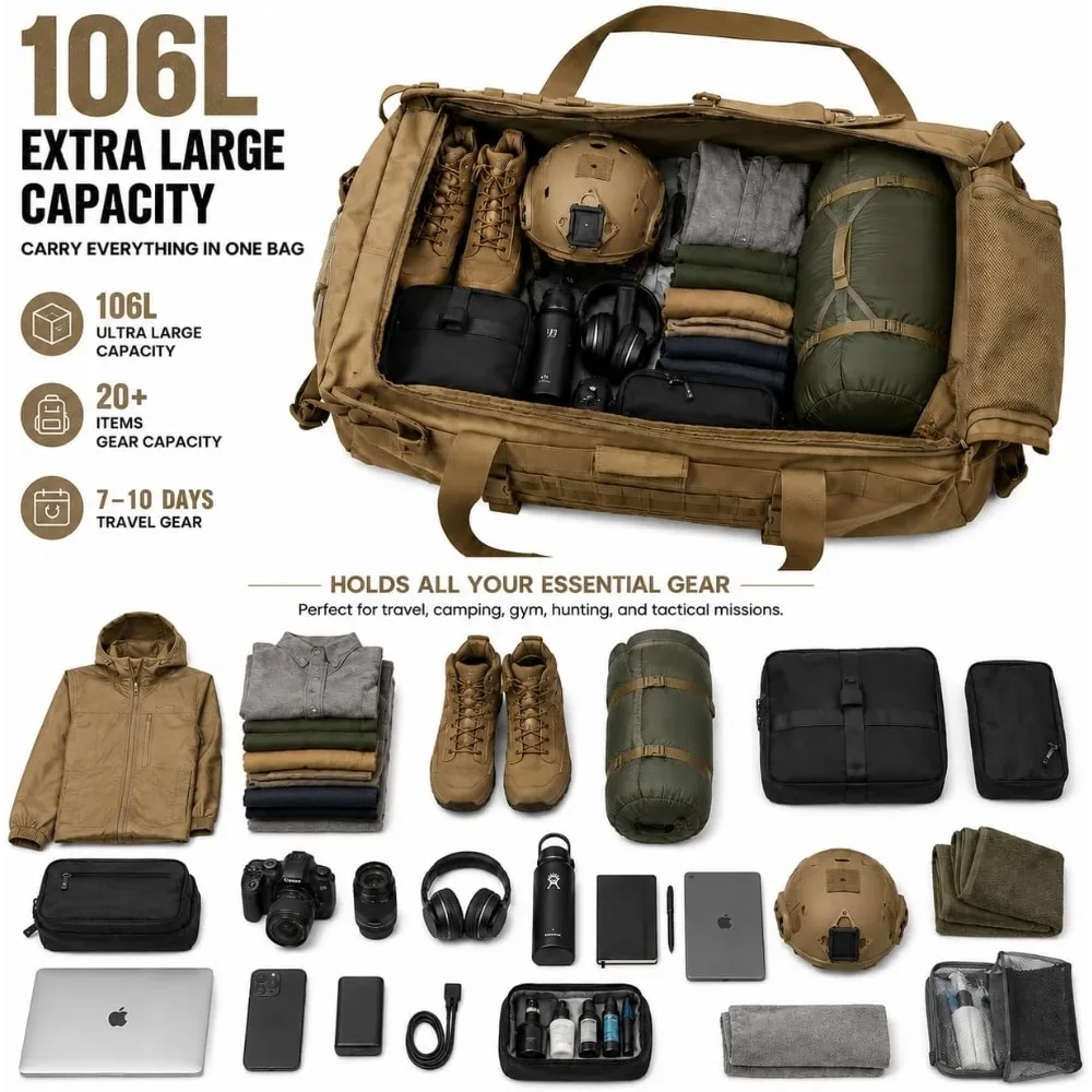 106L Tactical Duffle Bag Deploy Backpack Waterproof Duffle Molle Large Travel Deployment Bag EDC Carry Durable Duty Camping