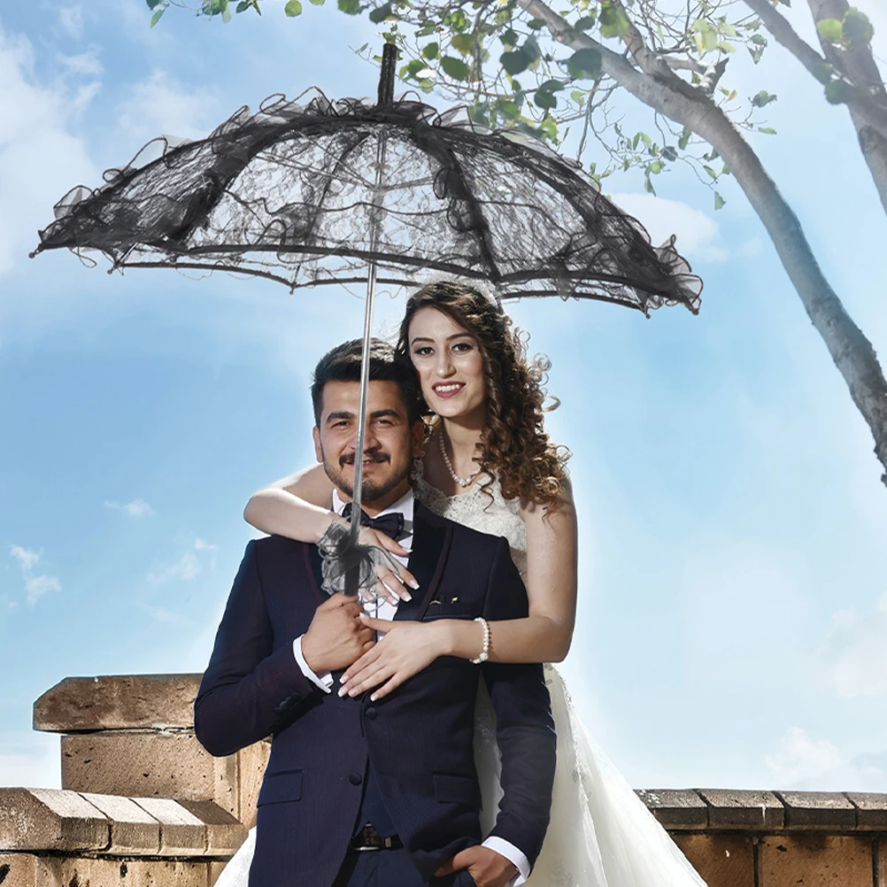 

2pcs Lace Wedding Umbrellas Bridal Parasol White Black Decorative Umbrella For Tea Party Photo Props Dance Sun Vintage