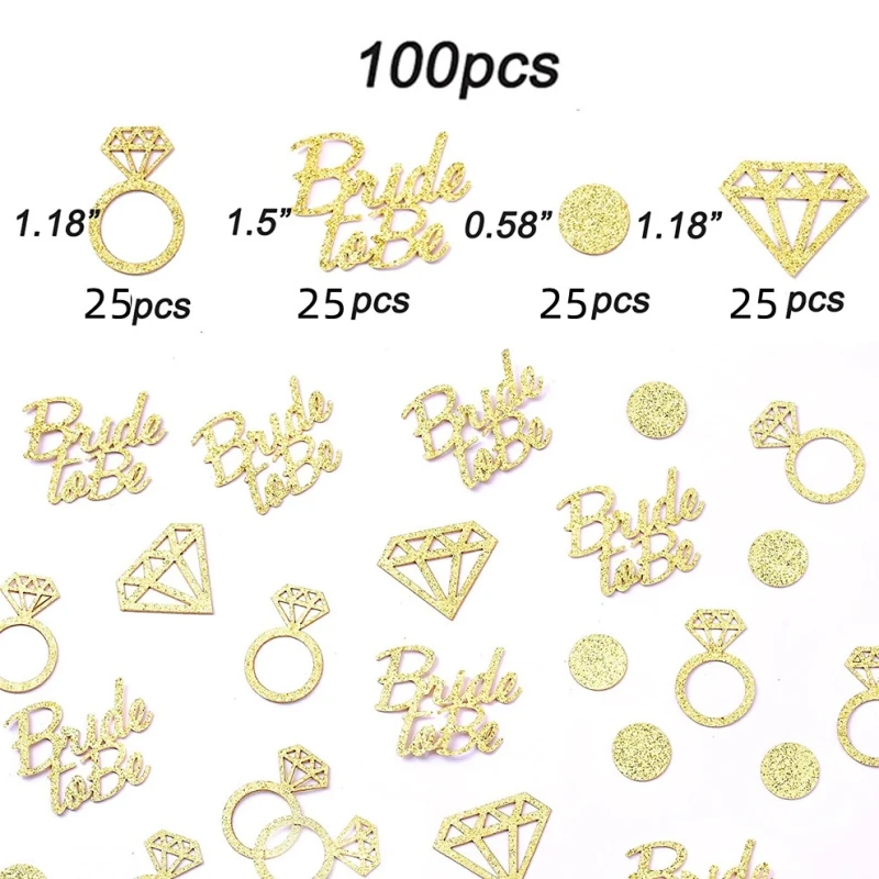 100Pcs Rose Gold Bride To Be Diamond Ring Heart Confetti Singles\' Night Engagement Wedding Party Table Top Scattered Confetti