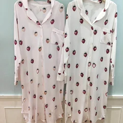 Japanese Autumn Sweet Strawberry Print Women Sleepwear Turn-down Collar Button-up Long Sleeve Nightgown Soft Modal Sleepshirts