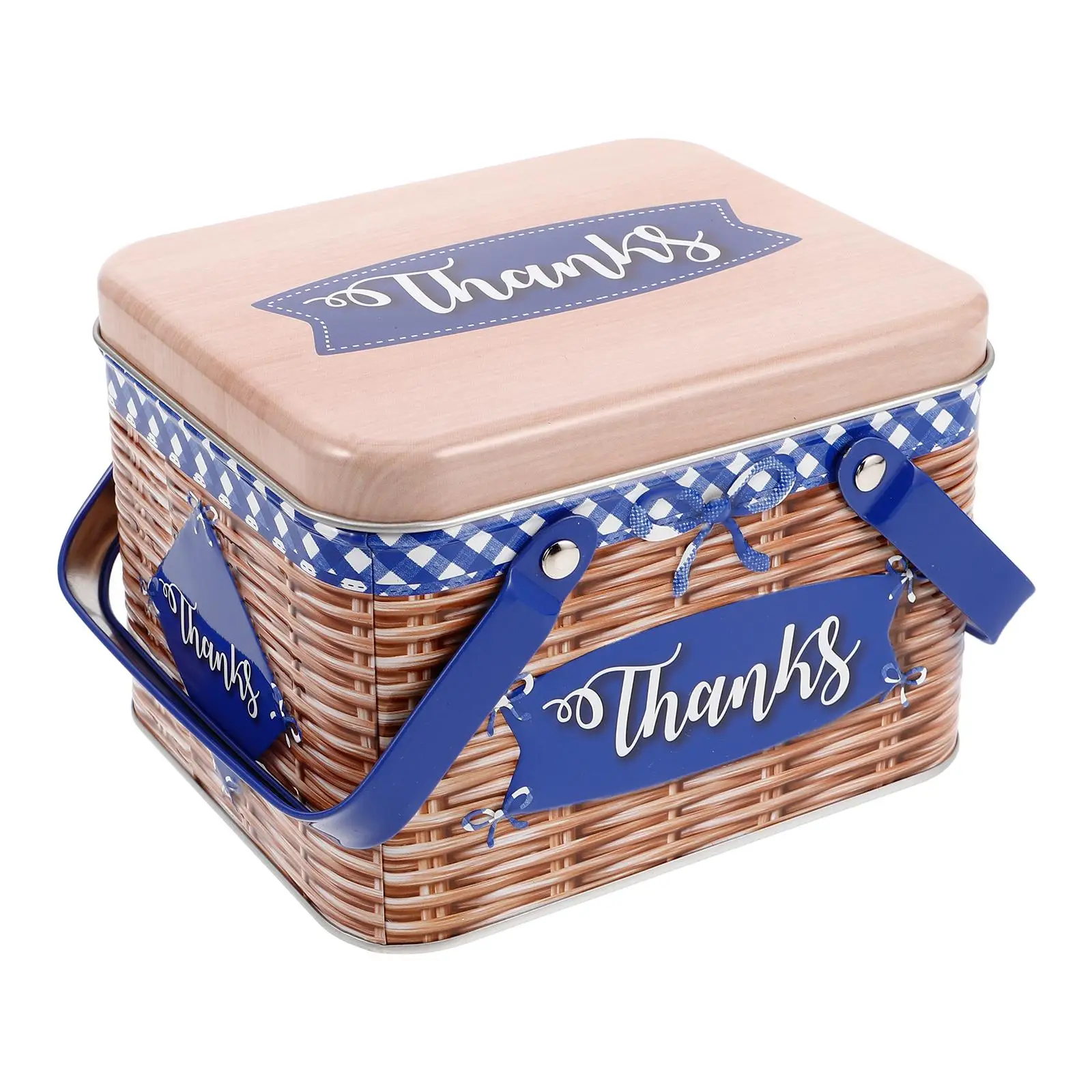 

Cookie Storage Tin Lightweight Metal Biscuit Box Lid Handle Rectangle Reusable Rattan Design Candy Container Snack Jar