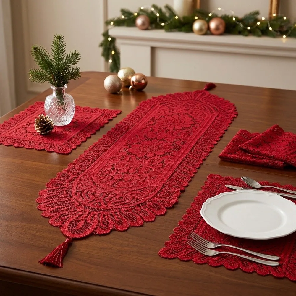 Lace For Table Strip Bundle 6pcs Transparent Polyester with Tassel for For Table Edge Styling 33x91cm Red Green White
