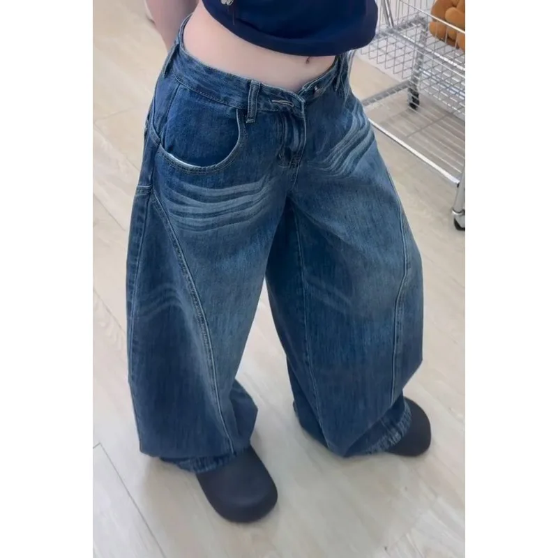 

Blue Womens Jeans High Waist Vintage Design Hip Hop Straight Baggy Denim Pants Street Y2K American Style Wide Leg Denim Trouser